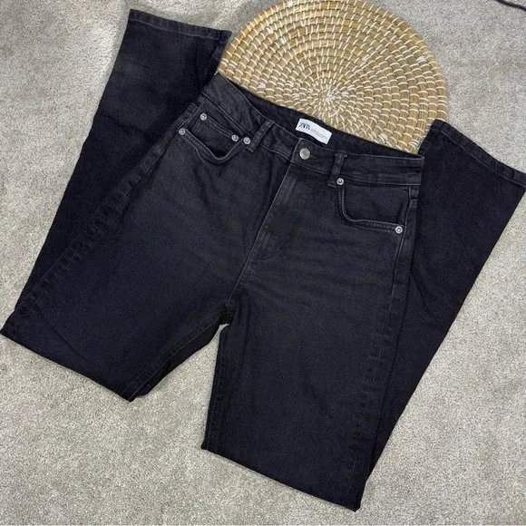 Zara Split Hem Slim Jeans Black High-Rise Full Length Straight Leg Size 6 - Picture 3 of 16